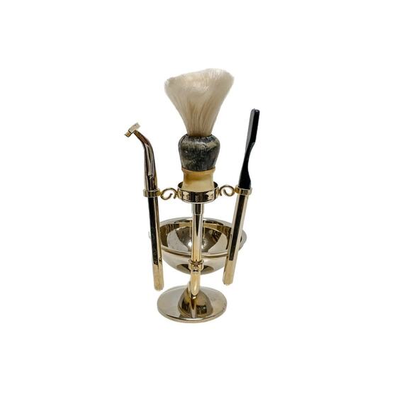 Vintage Brass Shaving Stand Bowl Set With Razor and Brush - Picture 5 of 10